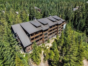 Un lodge a più piani con rivestimento in legno e tetto scuro, immerso in una fitta foresta.