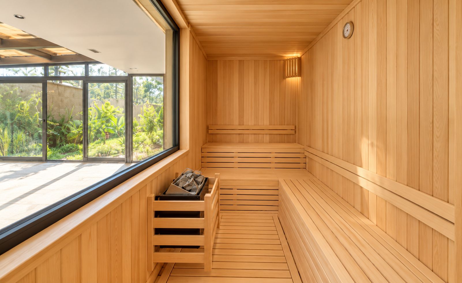 A sauna with wooden benches and a window.
