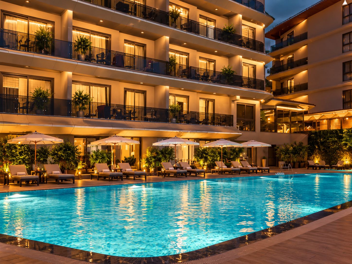 A multi-story hotel with a swimming pool, outdoor seating, and balconies.