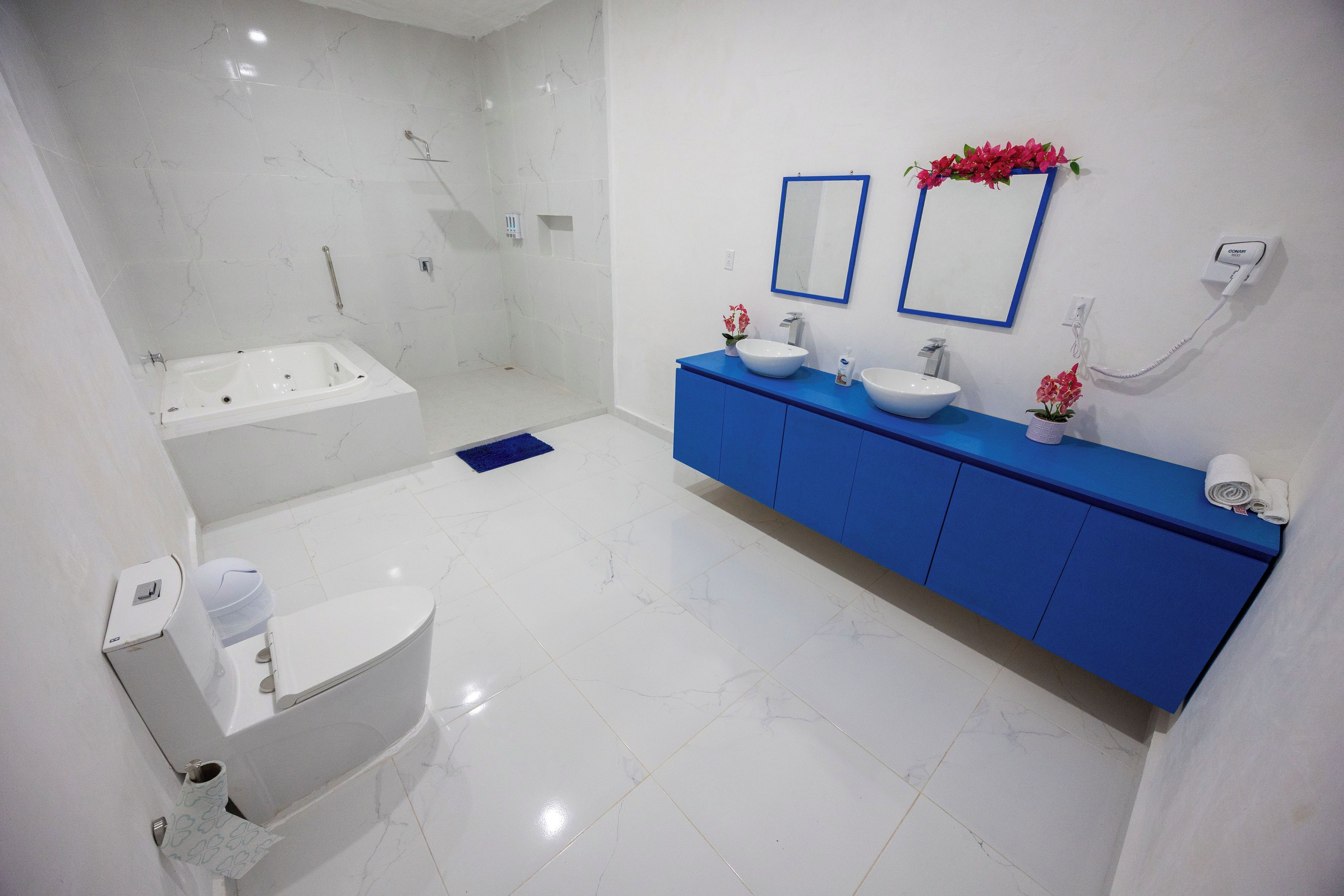 A modern bathroom with a bathtub, two sinks, and a shower.
