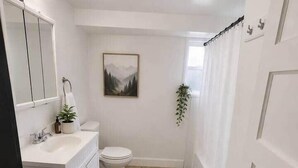 A compact bathroom with a white vanity, a toilet, and a shower area.