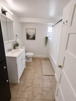 A compact bathroom with a white vanity, a toilet, and a shower area. - 1 bedroom Garden duplex by the park (Cheyenne)