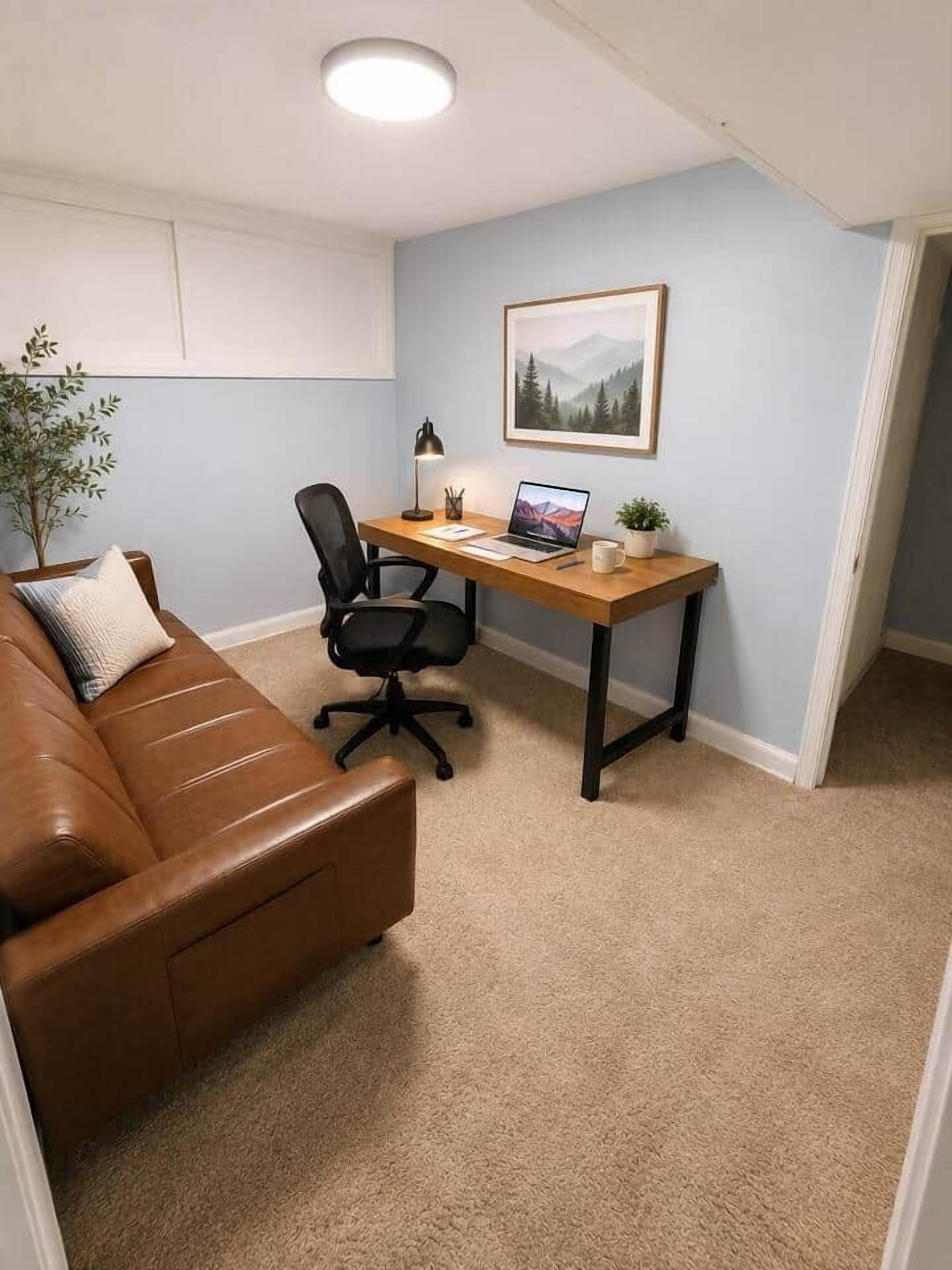 Een kamer met een bruine leren bank, een houten bureau met een laptop, een stoel en een lijst met een afbeelding aan de muur.