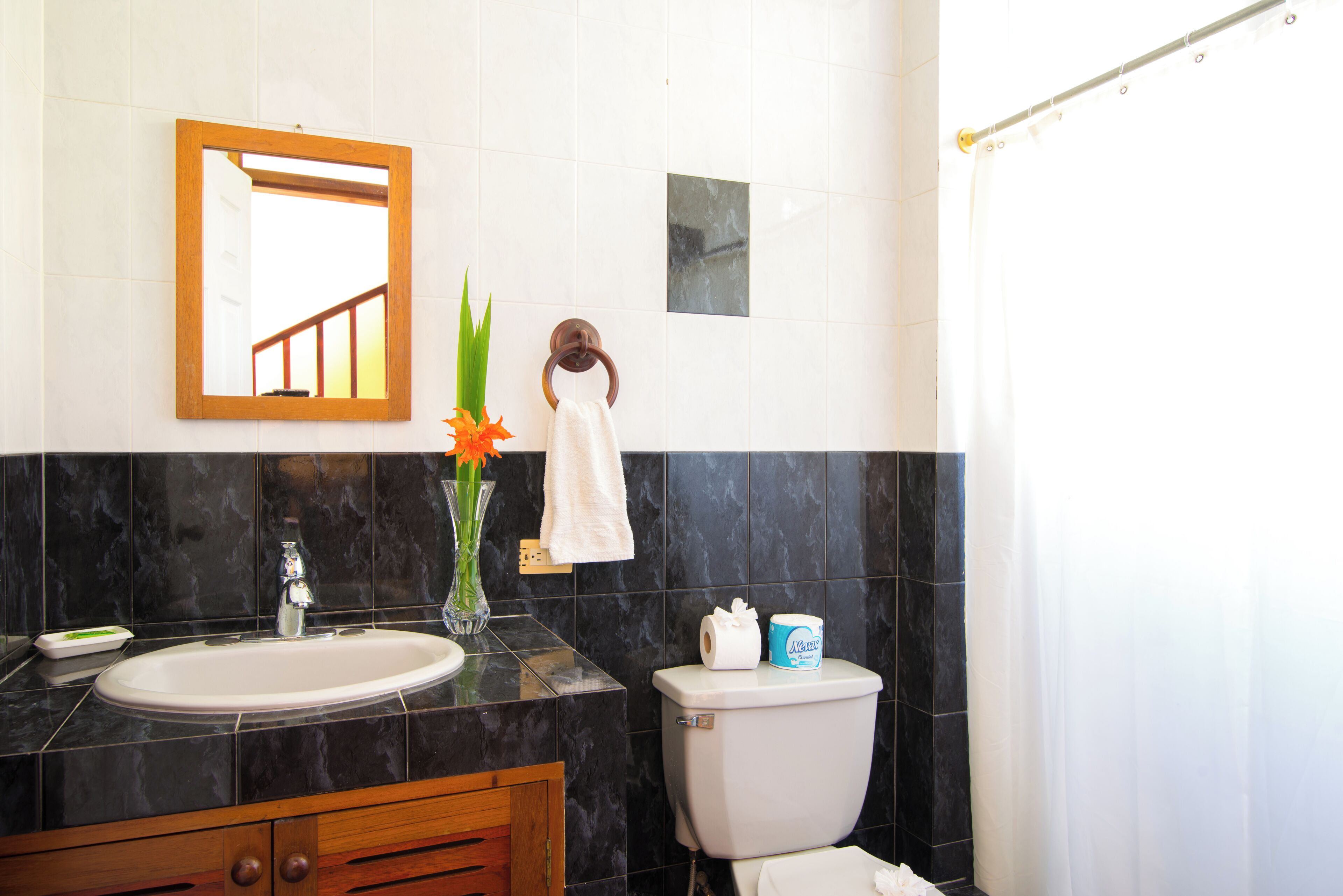 Une salle de bain équipée d’un lavabo, d’un miroir, de toilettes et d’un rideau de douche.