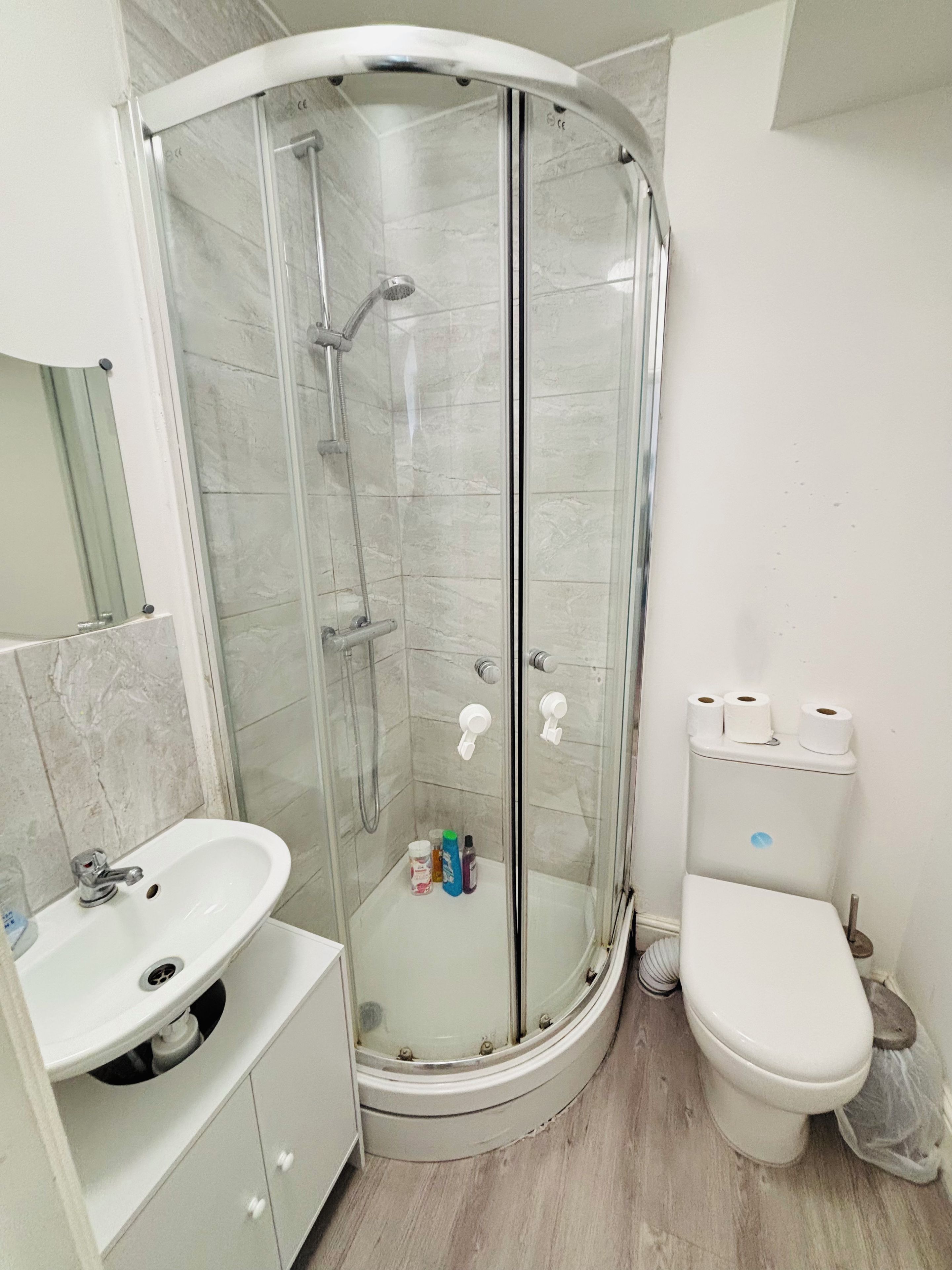 Un baño con ducha de vidrio, un lavabo con espejo y un inodoro.