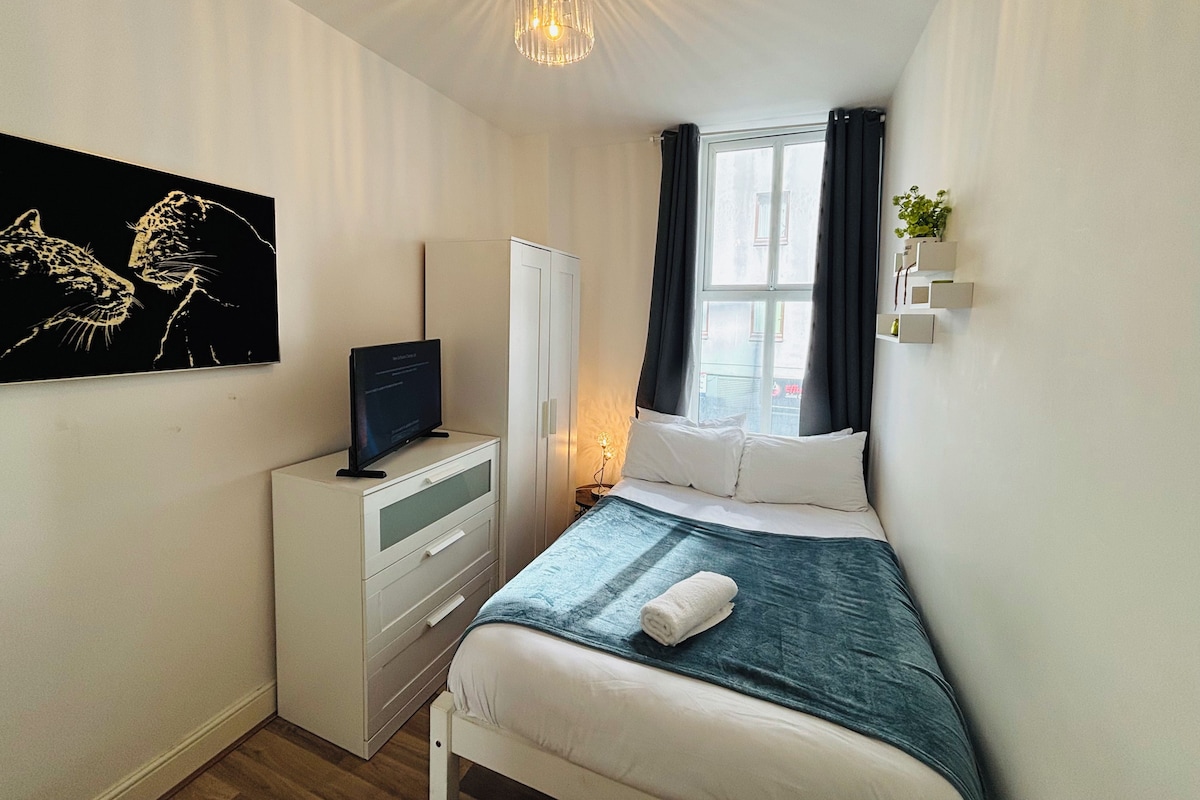 Un dormitorio con cama, televisor sobre un mueble, ventana con cortinas y estante con planta.