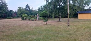 Eine grüne Rasenfläche mit Bäumen und einem hölzernen Gartenhaus.