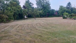 A grassy outdoor area with trees and a building in the background. - Holiday home with large garden by Limfjord (Storvorde)