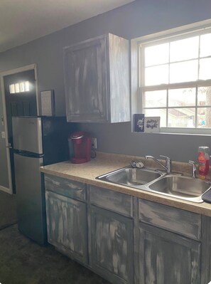A kitchen with a double sink, a refrigerator, and cabinets.