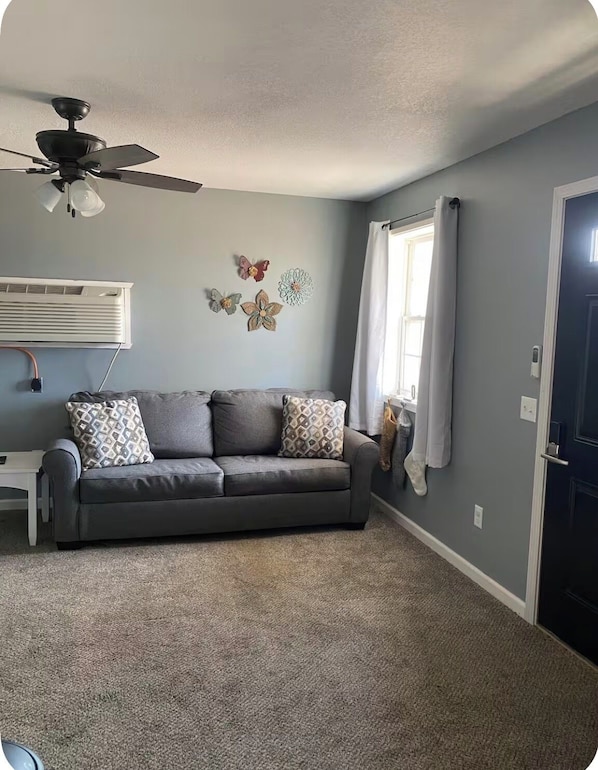A living room with a grey sofa, decorative wall art, a ceiling fan, and a window with curtains.