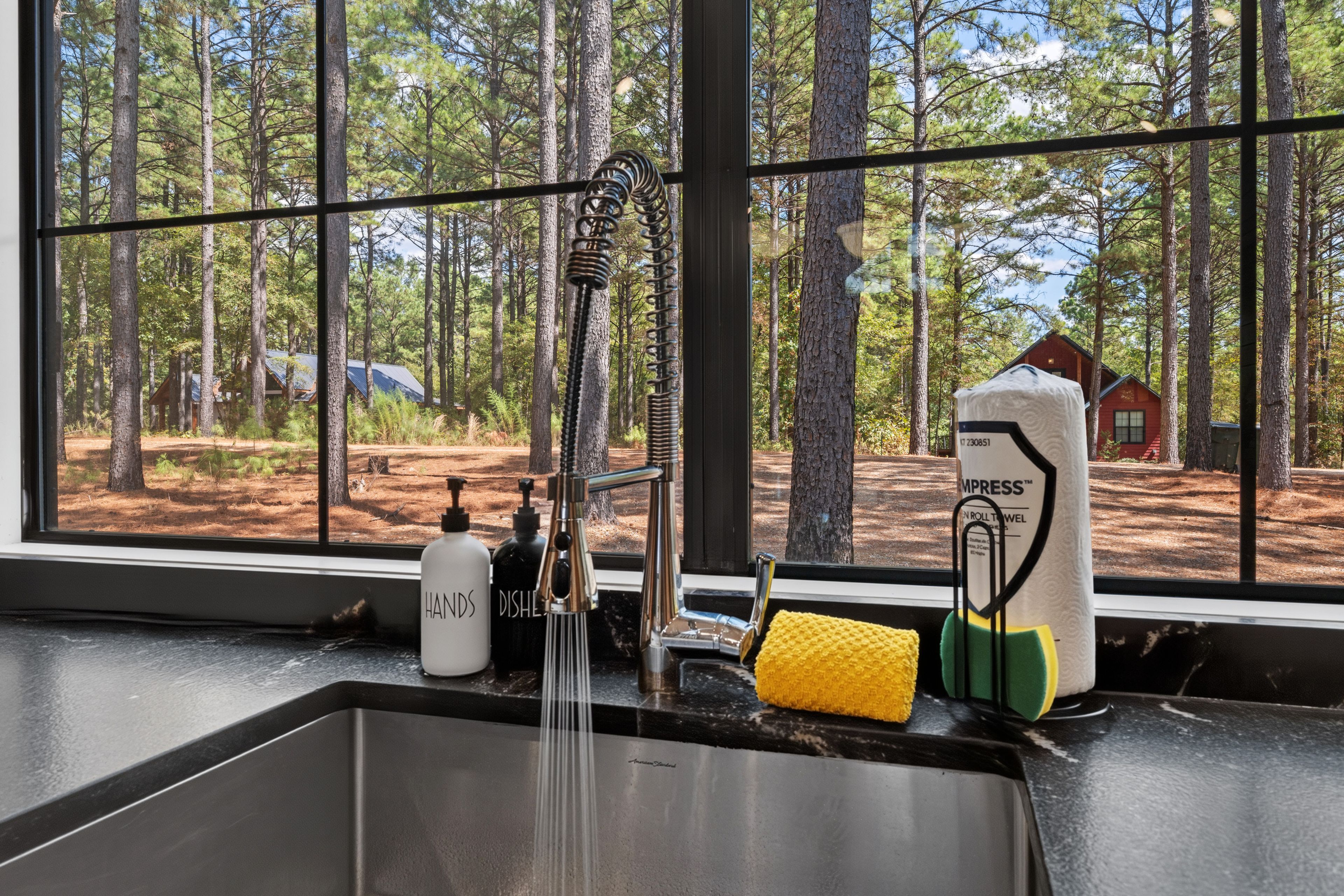 A kitchen with a sink, faucet, and various toiletries.