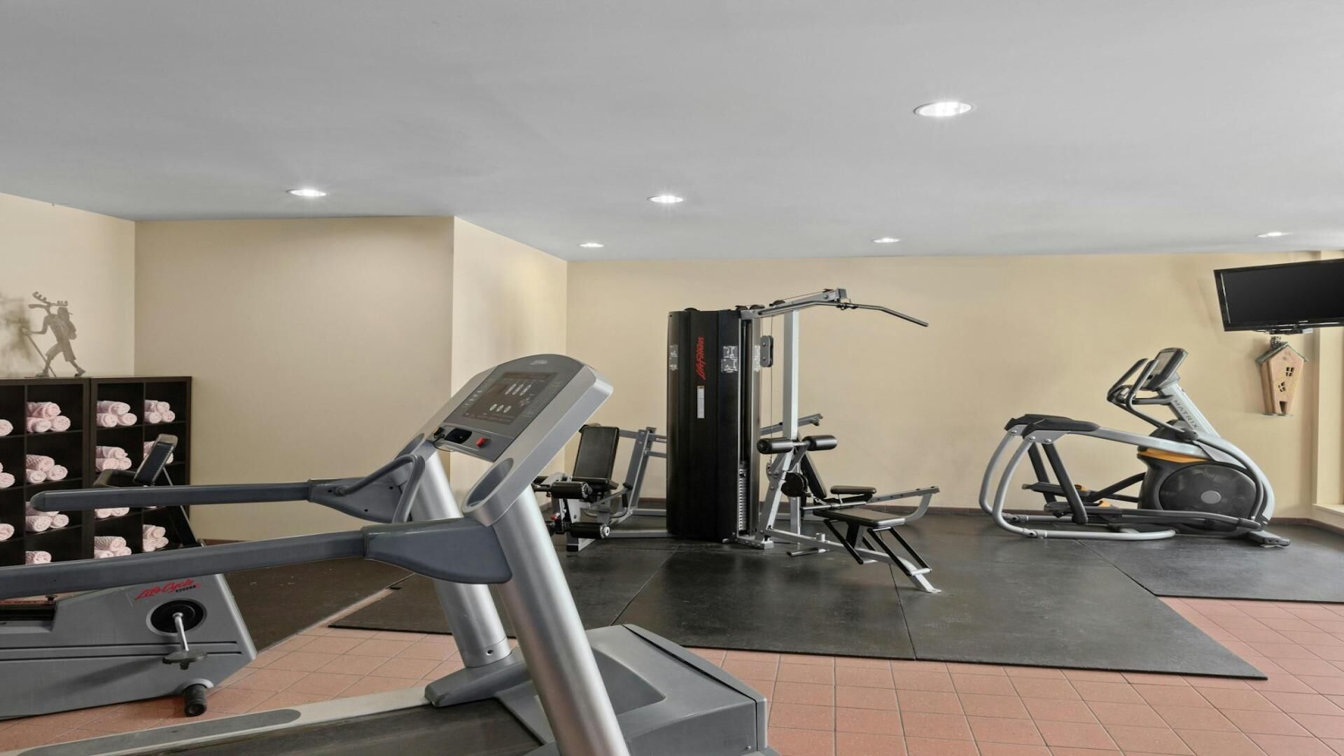 Une salle de sport équipée de tapis de course, d’appareils de musculation et d’un vélo elliptique.