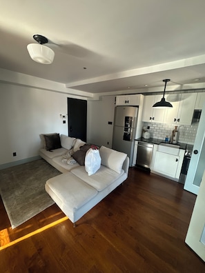 A modern living room with a sofa, a small rug, and a kitchen area with cabinets and appliances.