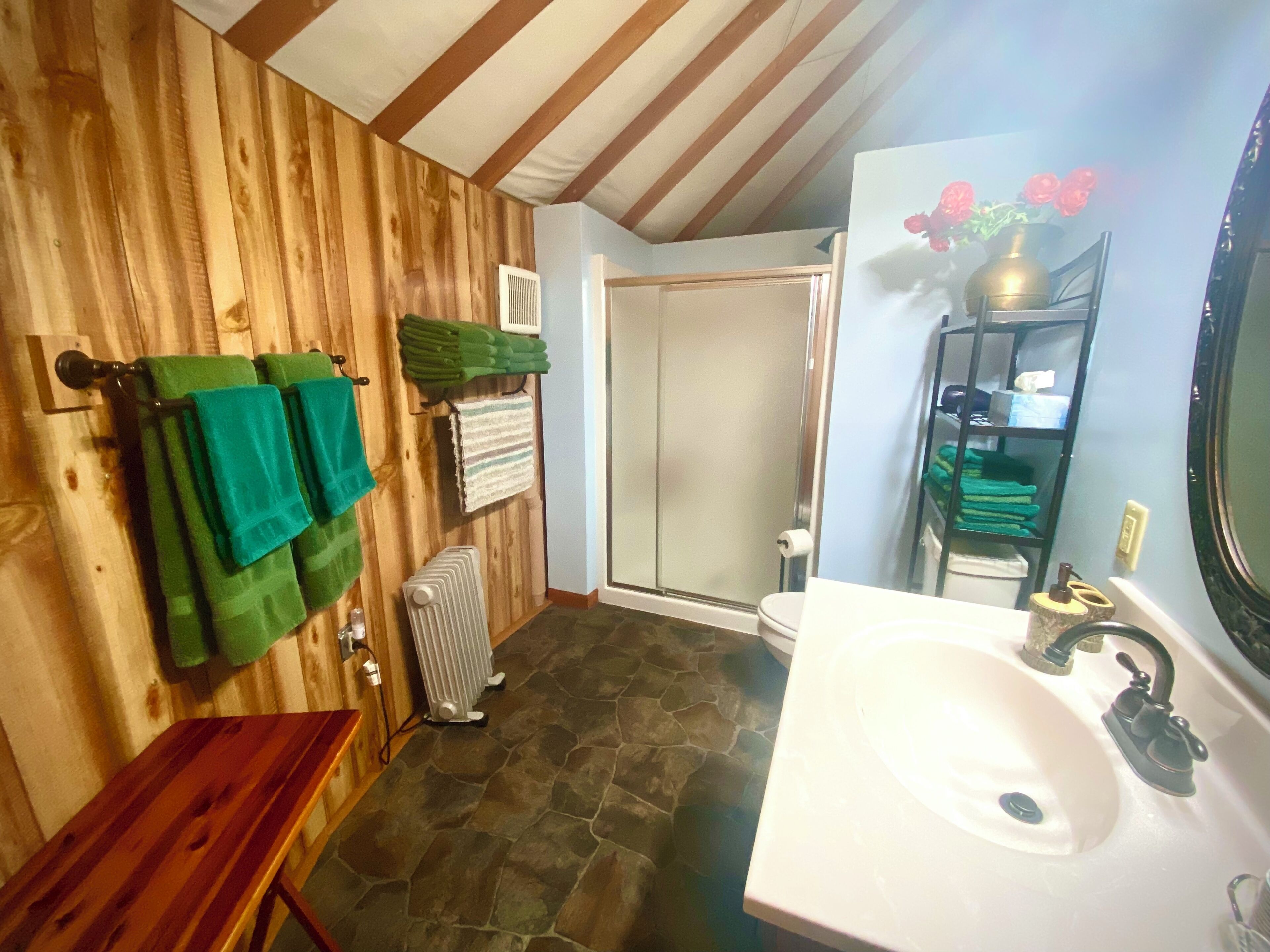 Douche, serviettes fournies, papier de toilette
