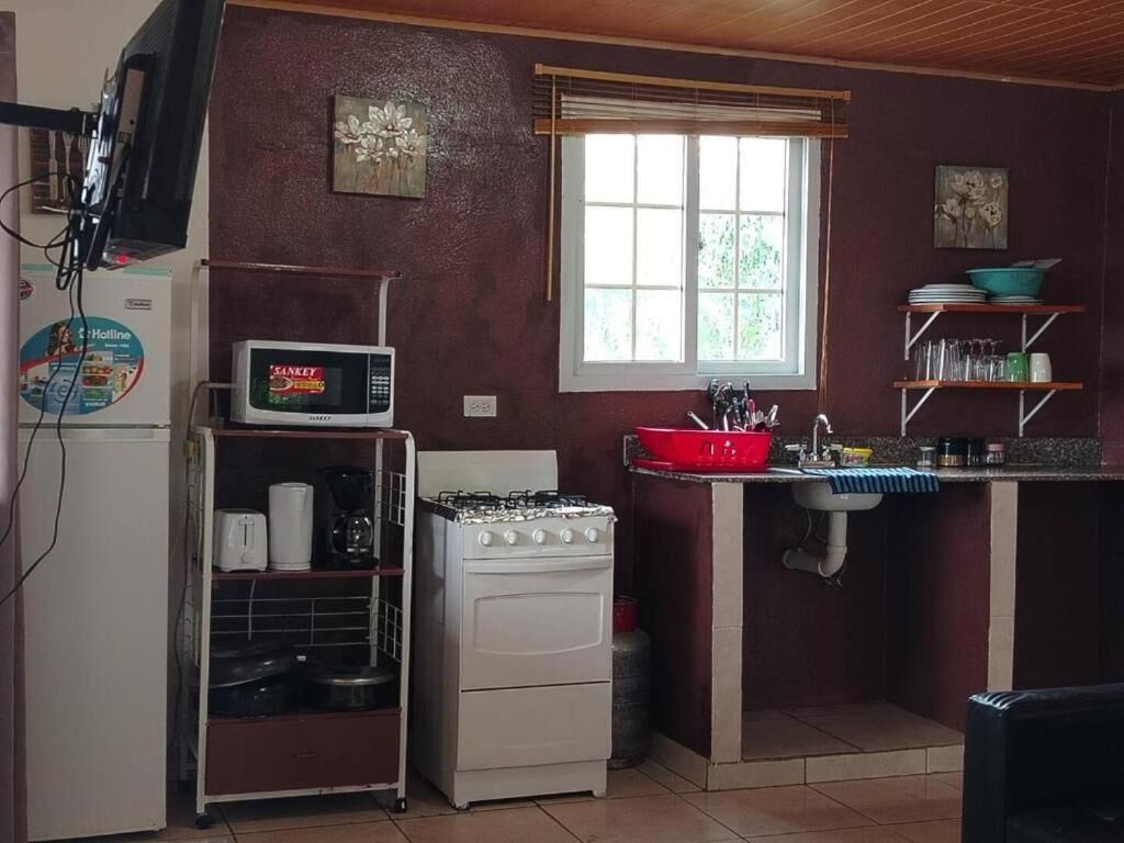 Cocina compacta con estufa a gas, microondas y pileta.