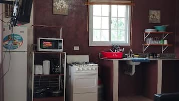 Cocina compacta con estufa a gas, microondas y pileta.