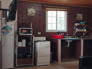 Cocina compacta con estufa a gas, microondas y pileta.