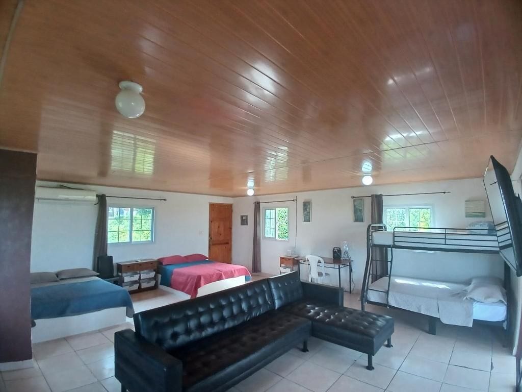 Una habitación con una cama litera, un sofá, un escritorio y una cama con una colcha roja.