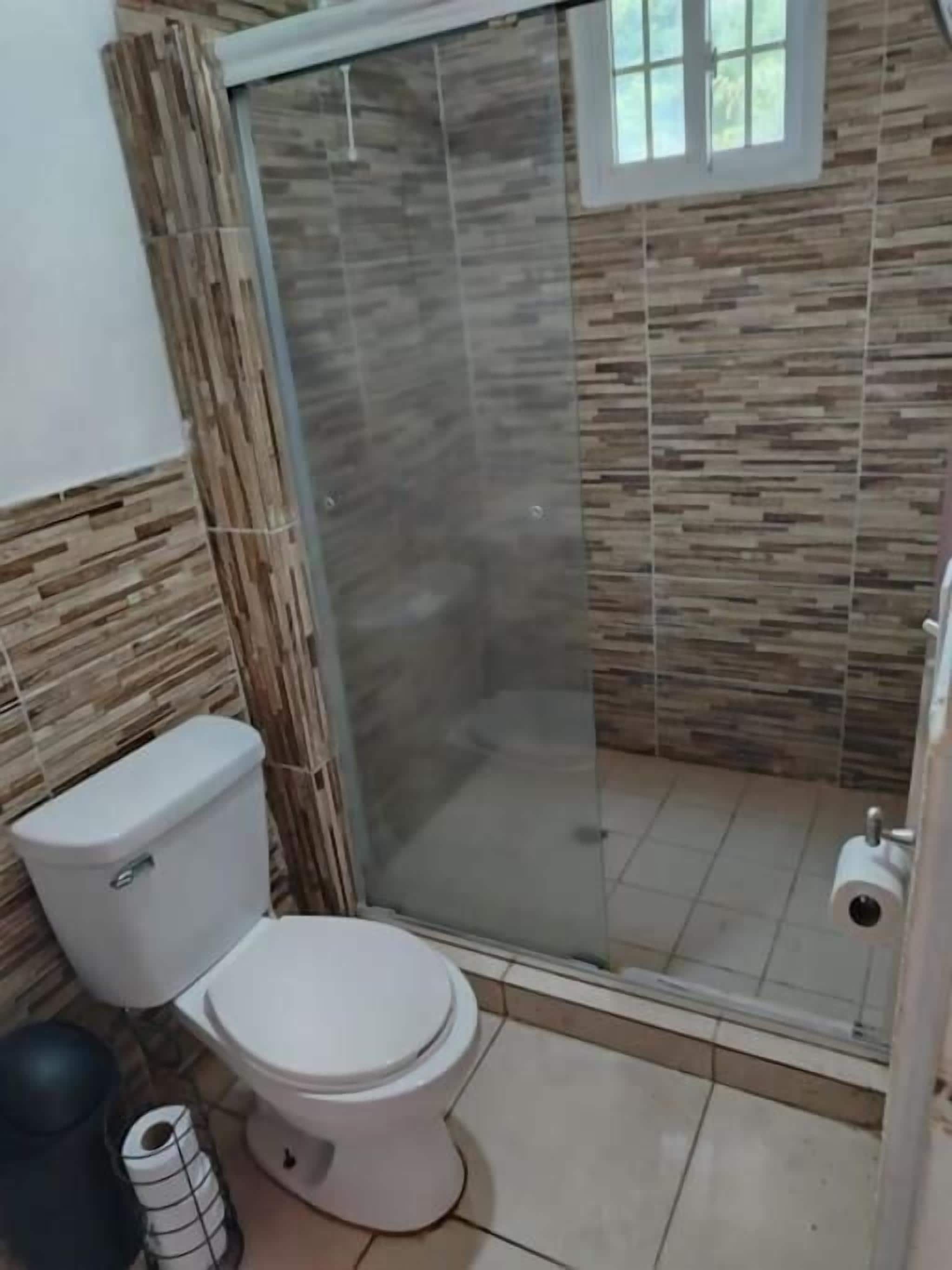 Een badkamer met toilet, douche en toiletpapierhouder.