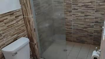 Baño con inodoro, cabina de ducha de vidrio y dispensador de papel higiénico.