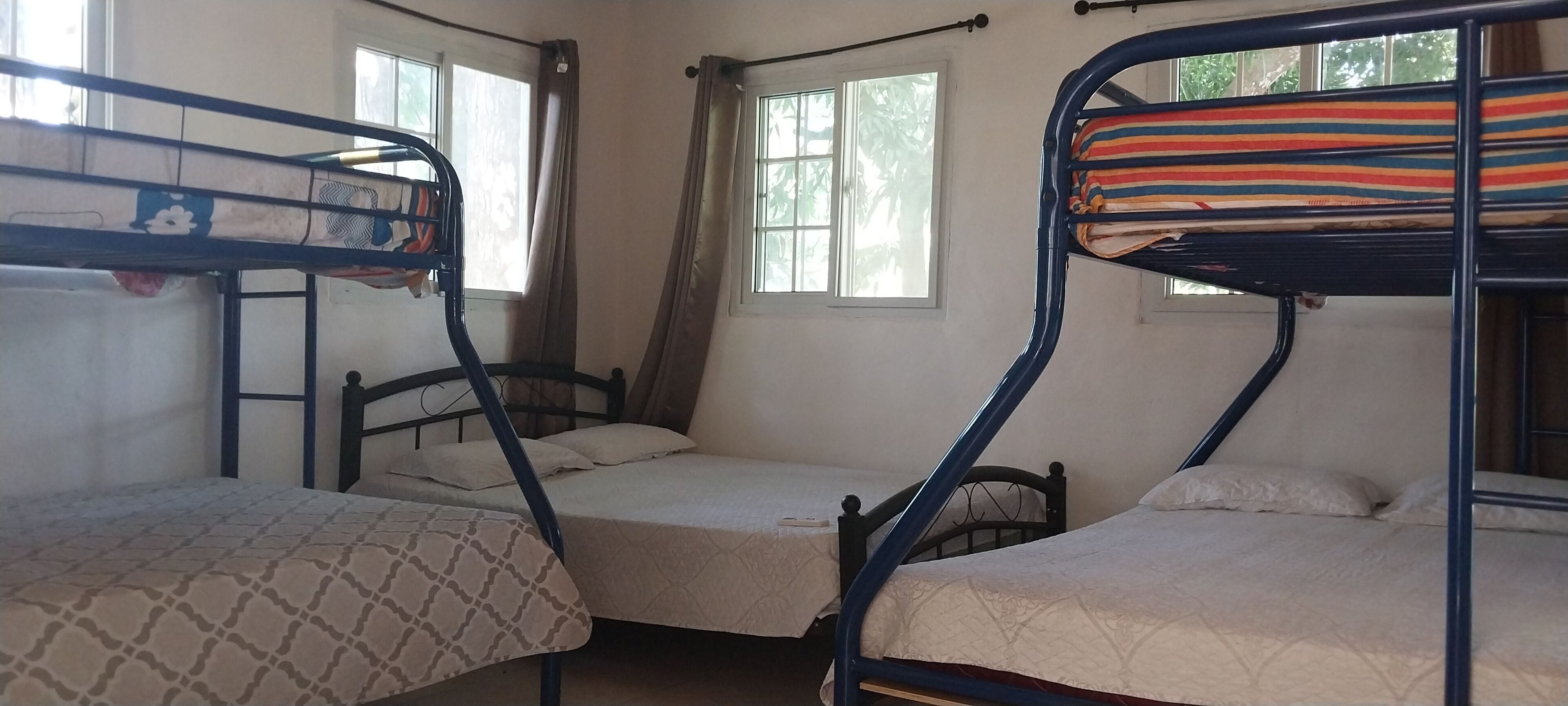 A dormitory room with bunk beds, a window, and a door.