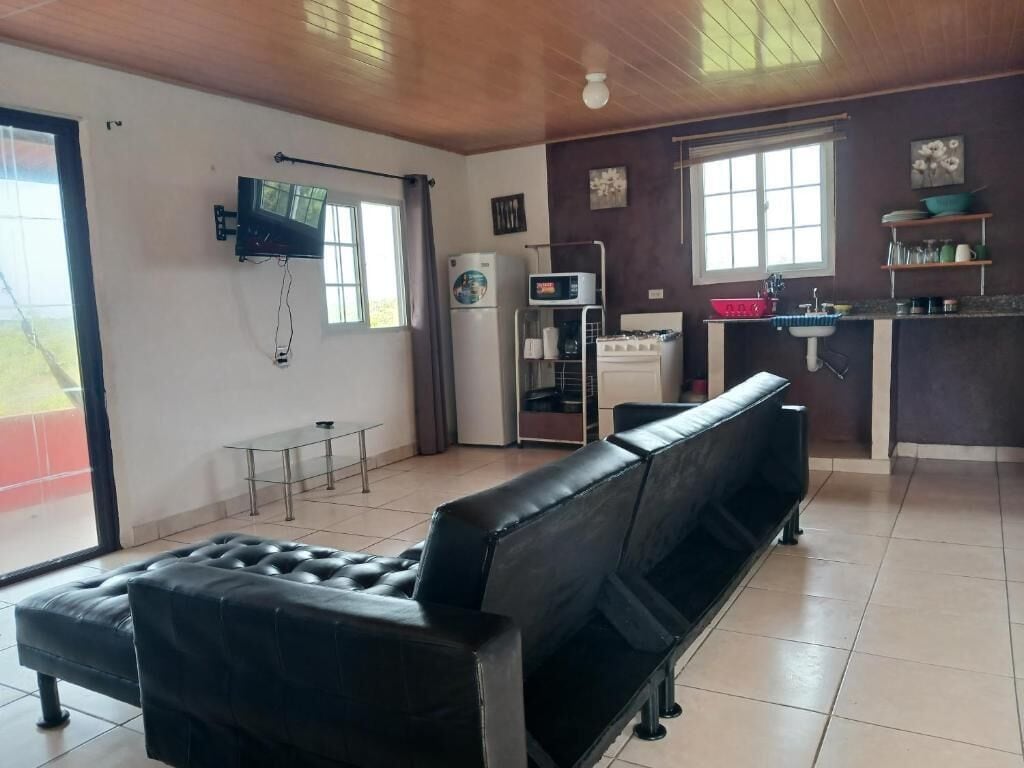 Una sala de estar con un sofá de cuero negro, un televisor montado en la pared, una zona de cocina con un fregadero y armarios, y una mesa de comedor.