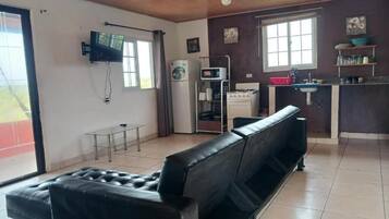 Una sala de estar con un sofá de cuero negro, un televisor montado en la pared, una zona de cocina con un fregadero y armarios, y una mesa de comedor.