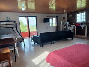 A room with a bed, a sofa, a desk, a television, and a window.