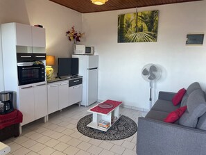 Ein kleiner Wohnraum mit einer Küchenzeile, einem Sofa, einem Ventilator und einem Bild an der Wand.