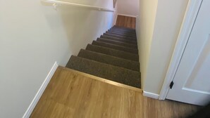 A carpeted staircase with a handrail, wooden floor, and a white door at the bottom.