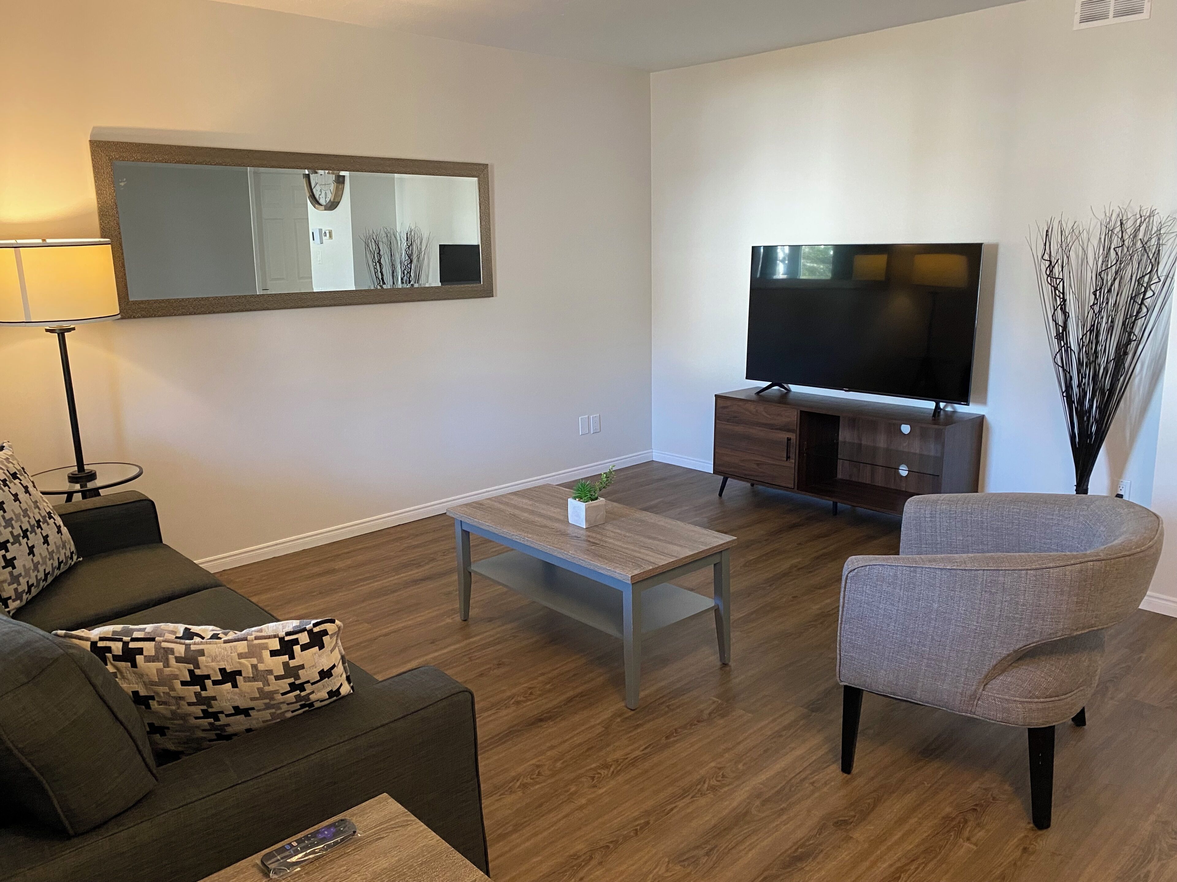 A modern living room with a sofa, armchair, coffee table, TV, and a mirror.