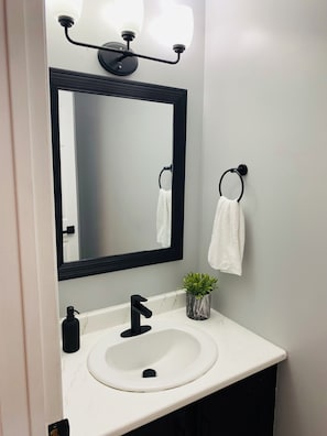 A bathroom with a white sink, a black faucet, a mirror with a black frame, a towel ring, and a small potted plant.