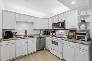 A modern kitchen with white cabinetry, a built-in microwave, a stove, and a dishwasher. - Gulf Front Condo w Pool, Tennis Courts & more! (Fort Walton Beach)