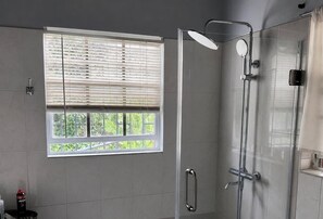 Eine Dusche mit Glastür, ein Fenster mit Jalousien und ein Handtuchhalter.