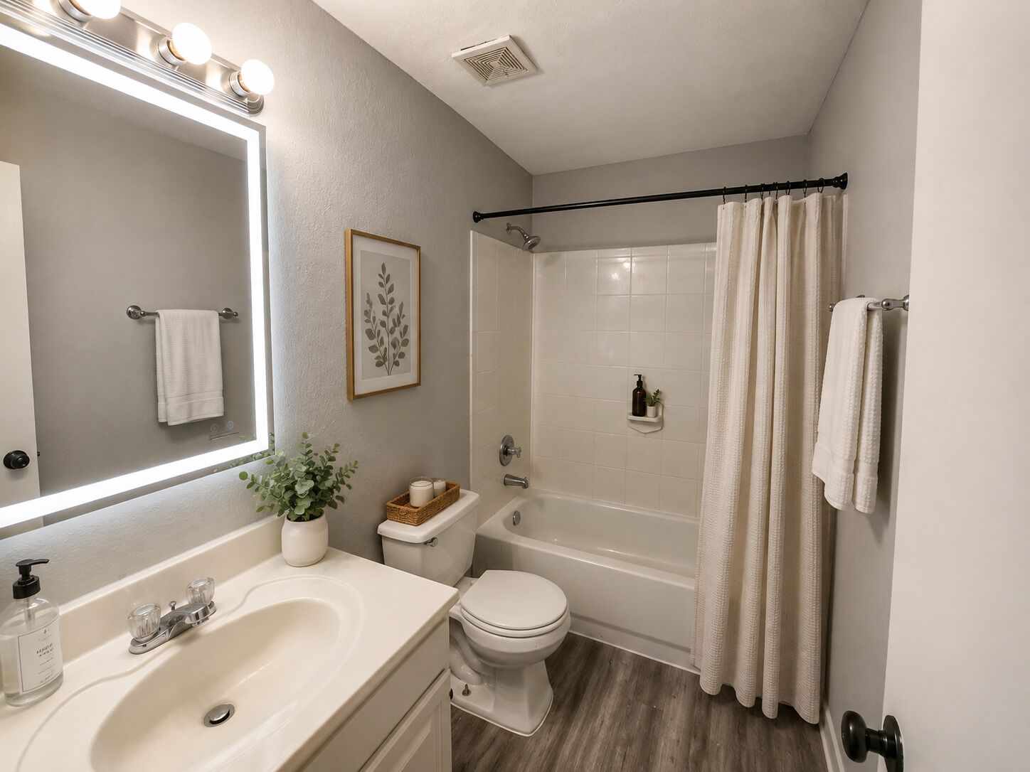 Hair dryer, towels, soap, toilet paper