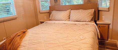 A bedroom with a large bed, two bedside tables, a ceiling light fixture, and windows with blinds.