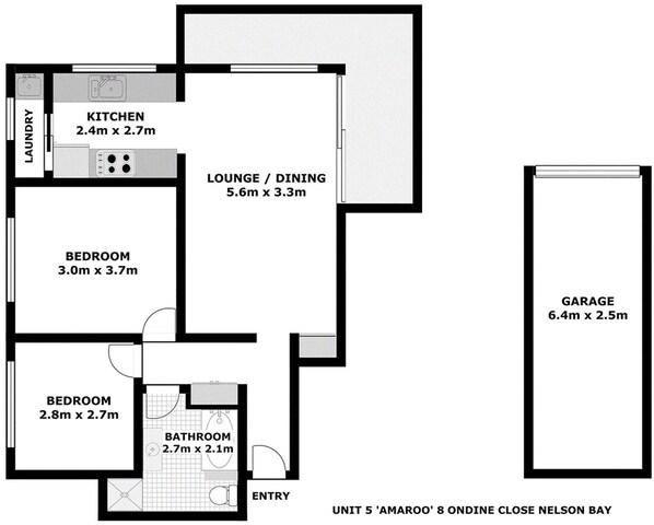 A floor plan of a hotel unit with a kitchen, two bedrooms, a bathroom, a lounge/dining area, and a garage. - The Sweet Spot Family Apartment in Nelson Bay (Nelson Bay)