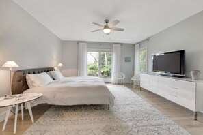 Un dormitorio moderno con una cama, mesitas de noche, un televisor y un ventilador de techo.