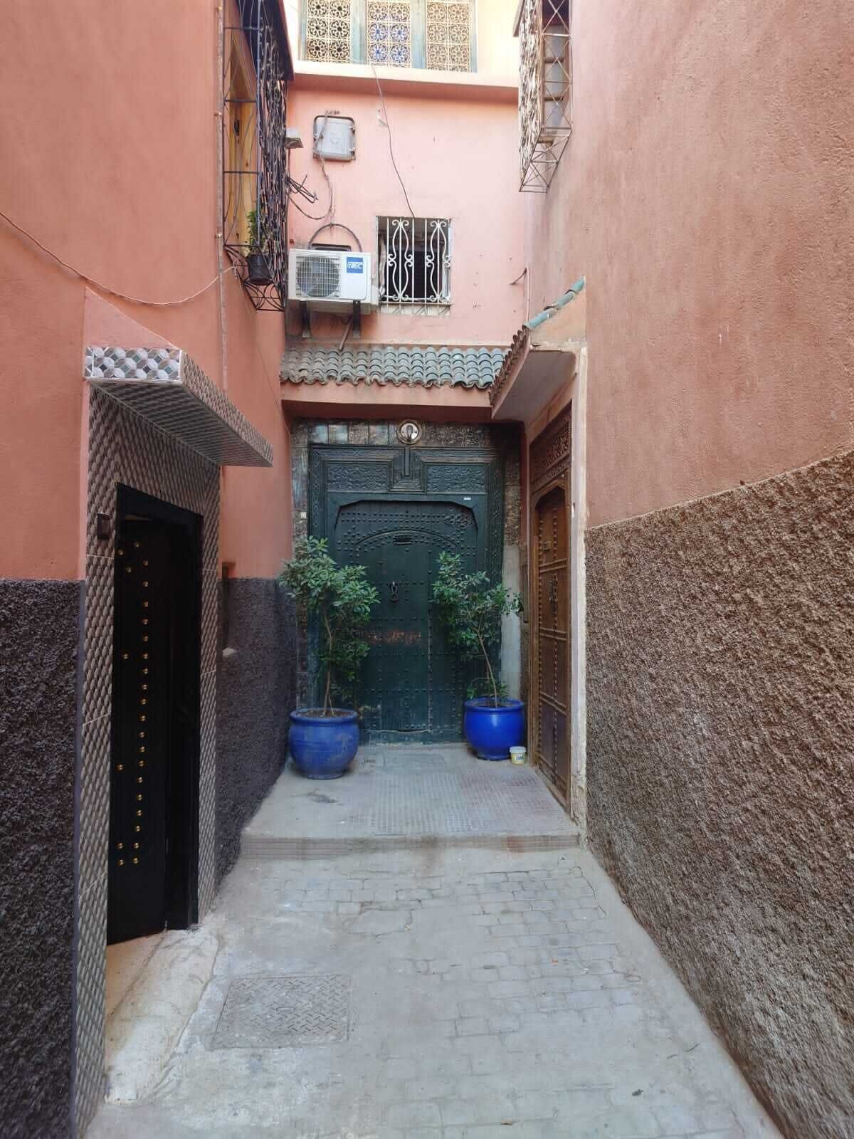 Un estrecho callejón con una puerta central, flanqueado por dos grandes macetas.