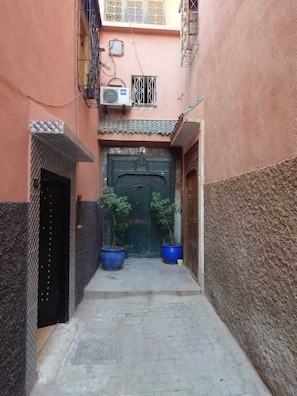 A narrow alleyway with a central door, flanked by two large potted plants. - Riad zaida (Marrakech)