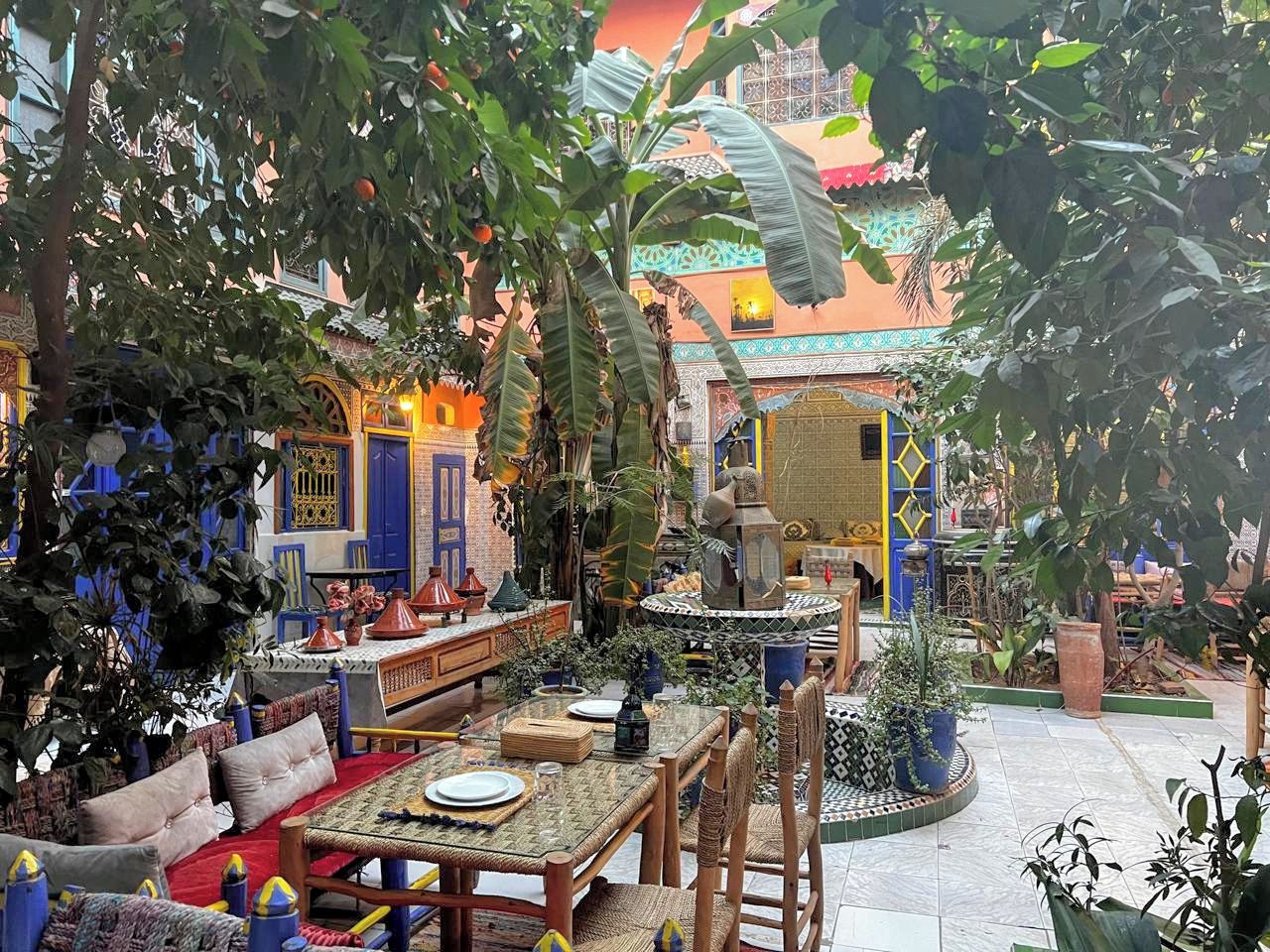 Un jardin intérieur aménagé avec des sièges, une fontaine et une variété de plantes.