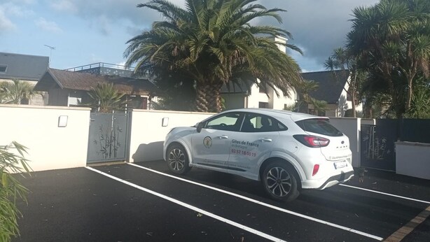 Um carro branco estacionado num parque de estacionamento, com palmeiras e um edifício ao fundo.