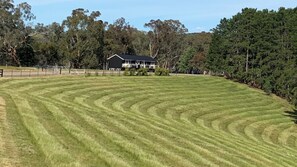 A large, open grassy field with a house in the background.