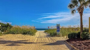 Een zandpad langs het strand dat naar de oceaan leidt, met een palmboom en informatieborden.