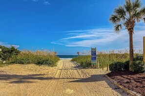 Ein Sandweg am Strand, der zum Meer führt, mit einer Palme und Informationstafeln.