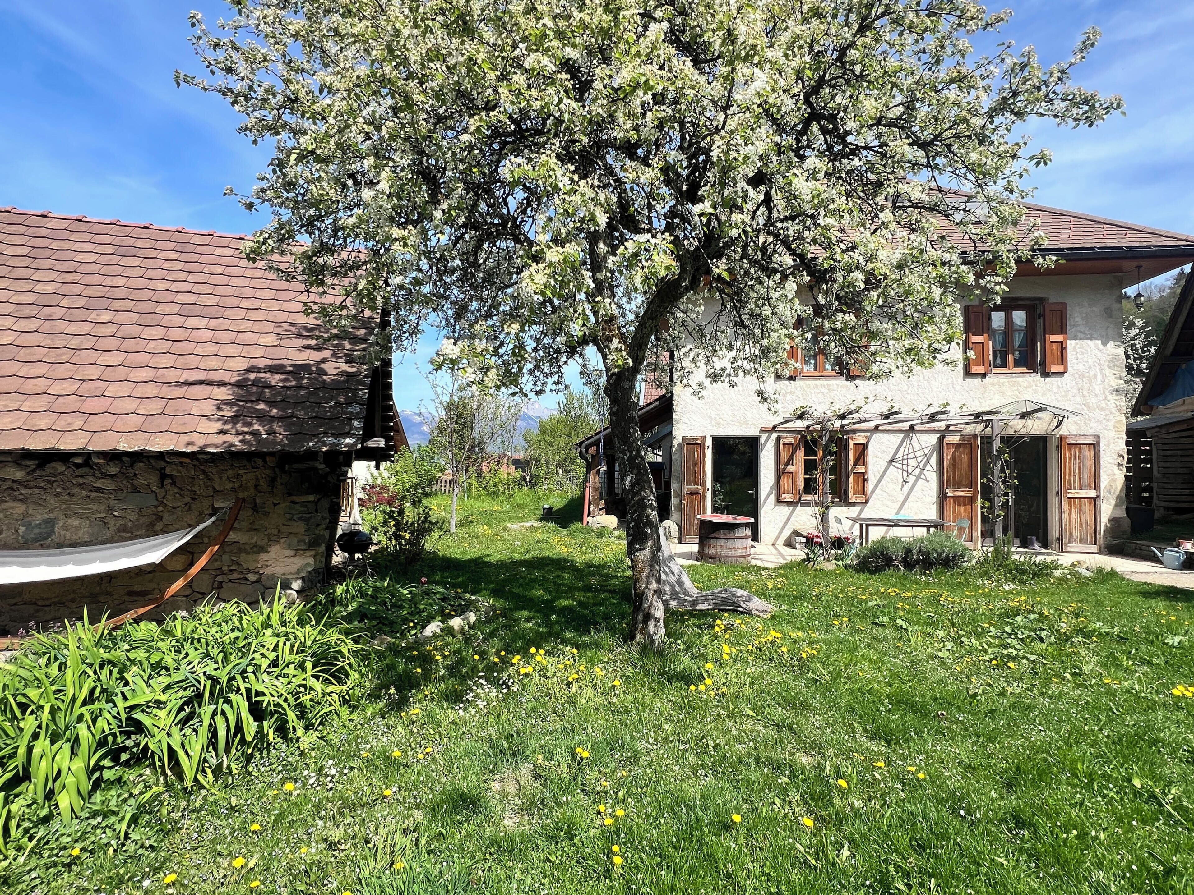 Ett rustikt hus med en stenmur, en trädörr och en trädgård med gräs och blommor.