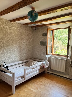Ein kleiner, rustikaler Raum mit einem Einzelbett, einer Pendelleuchte, einem Fenster mit Blick auf Grünflächen und einer Heizung.
