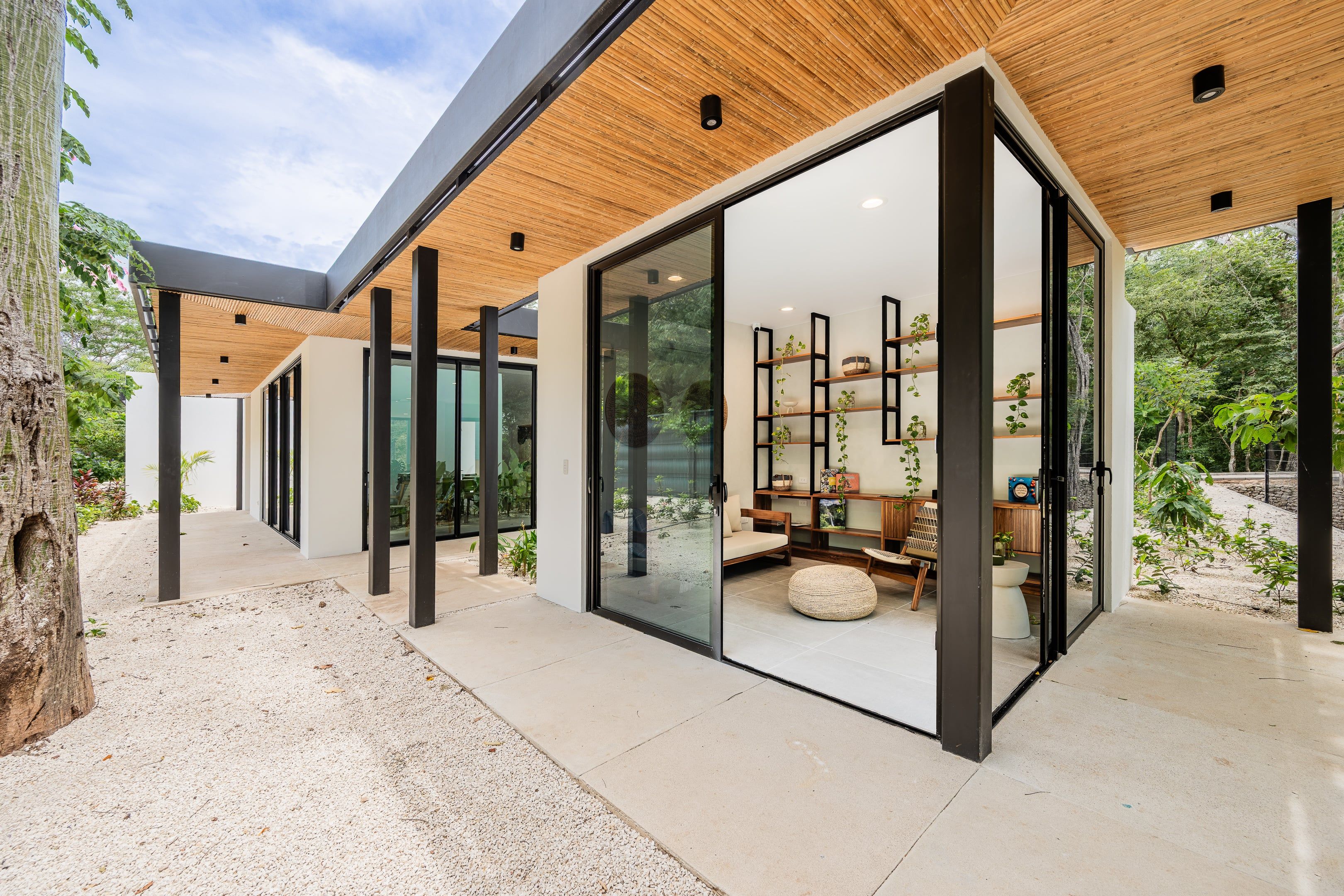 A modern building with large glass doors, a wooden ceiling, and a view of an outdoor garden.
