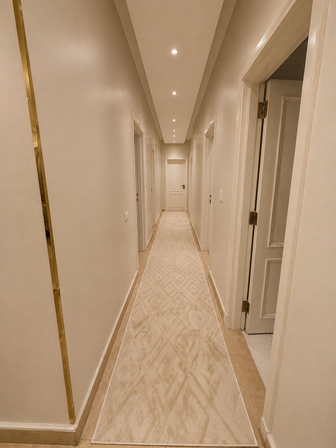 Un couloir avec un tapis à motifs, des murs blancs et des portes donnant sur différentes pièces.