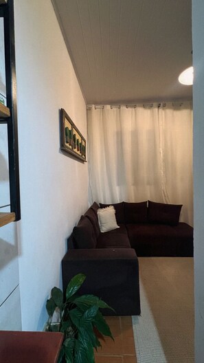 A living room with a dark brown sofa, a small table, and a potted plant. - Casa Aconchegante em Sao joao del Rei (São João del Rei)